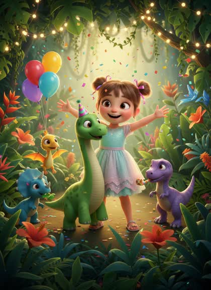 Birthday invitation template for a girl — Dinosaurs, 3–6 years