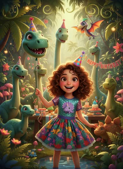 Birthday invitation template for a girl — Dinosaurs, 7–12 years