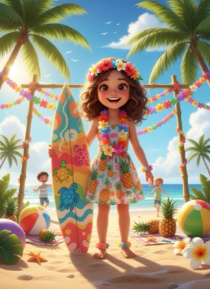 Birthday invitation template for a girl — Hawaii, 7–12 years