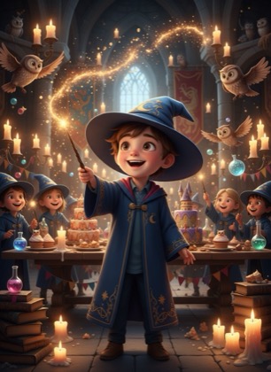 Birthday invitation template for a boy — Magic school, 3–6 years
