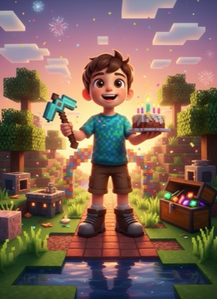 Birthday invitation template for a boy — Pixel world, 3–6 years