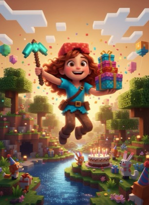 Birthday invitation template for a girl — Pixel world, 7–12 years