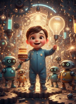 Birthday invitation template for a boy — Robots, 1–2 years