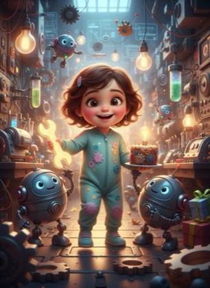 Birthday invitation template for a girl — Robots, 1–2 years