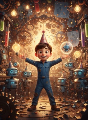 Birthday invitation template for a boy — Robots, 7–12 years