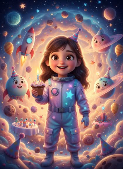 Birthday invitation template for a girl — Space, 3–6 years